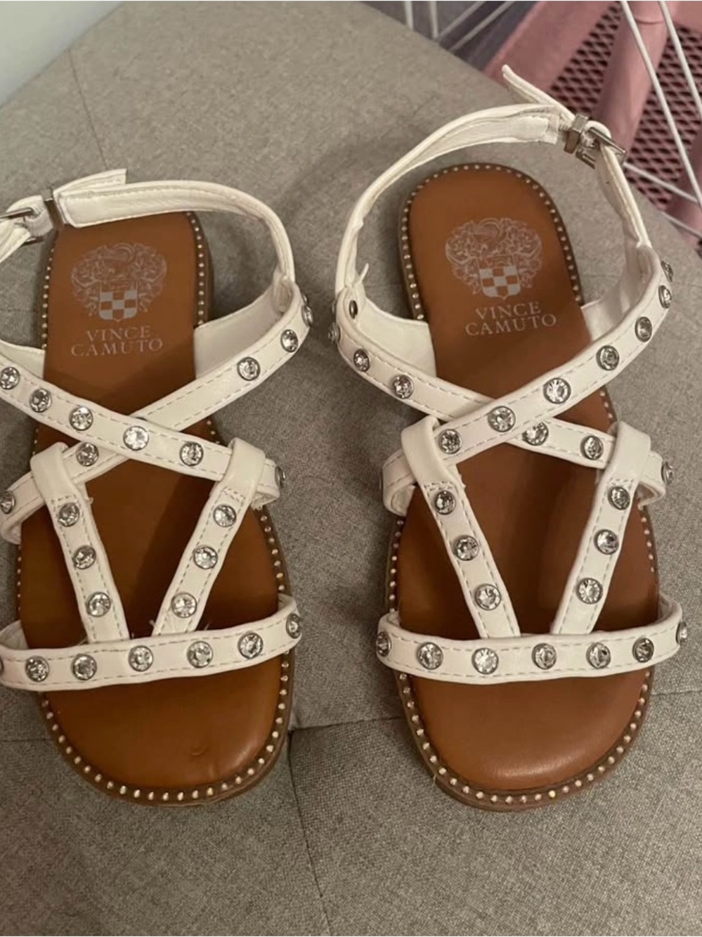 Vince Camuto White Crystal-Stud Crisscross Leather Sandals